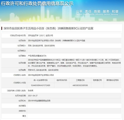 深圳市鹽田區燕子生活用品小百貨 張杏燕 被罰 涉嫌銷售假冒3C認證產品